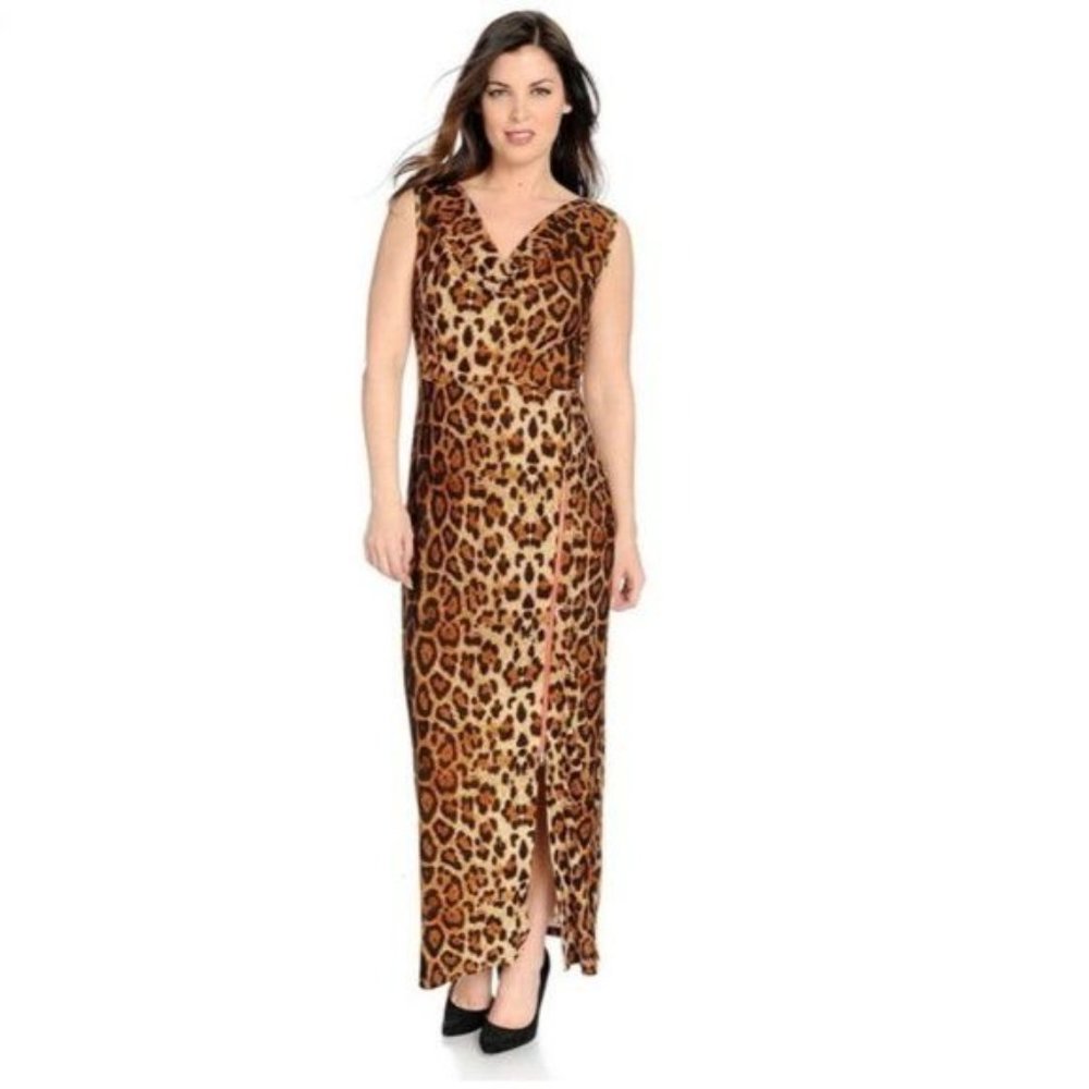 Leopard Print Cowl Neck Maxi Dress with Zipper Accent